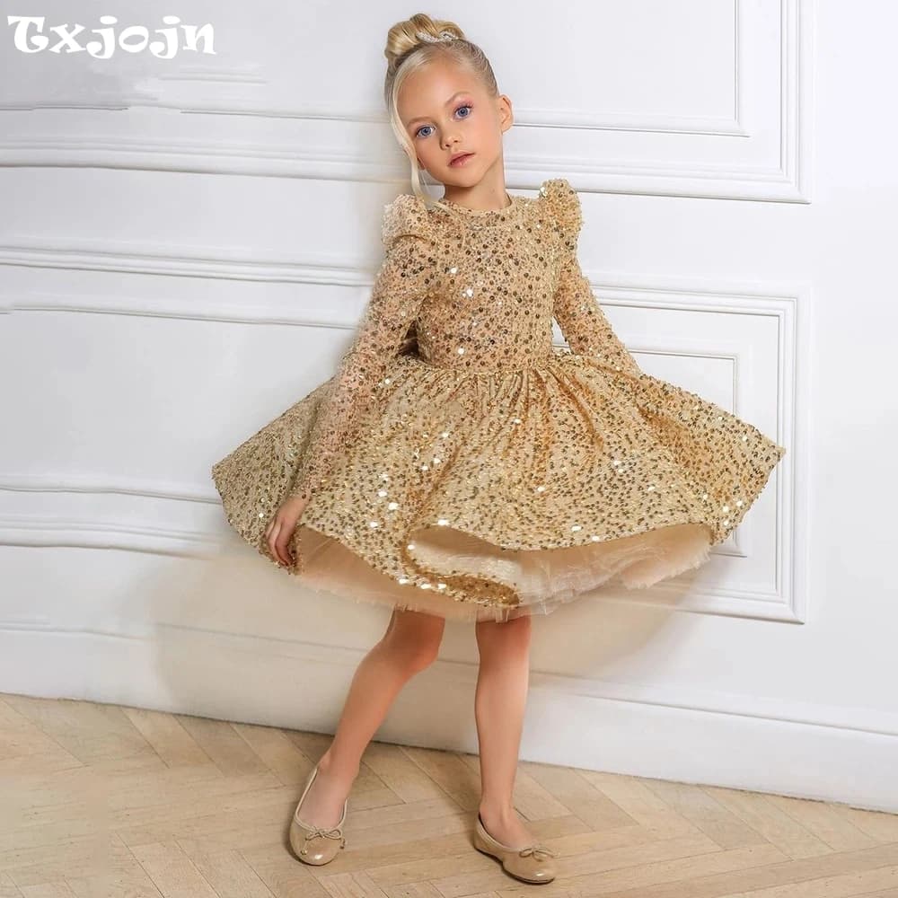 Abito da principessa in tulle con paillettes dorate per ragazze, festa di compleanno, spettacolo di danza, abiti a maniche lunghe gonfi, abiti per invitati al matrimonio