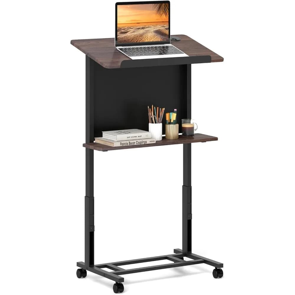 Podio Mobile con Ruote, Altezza Regolabile a 3 Posizioni, Tavolo Inclinabile, Carrello Porta Laptop con Ripiano Portaoggetti