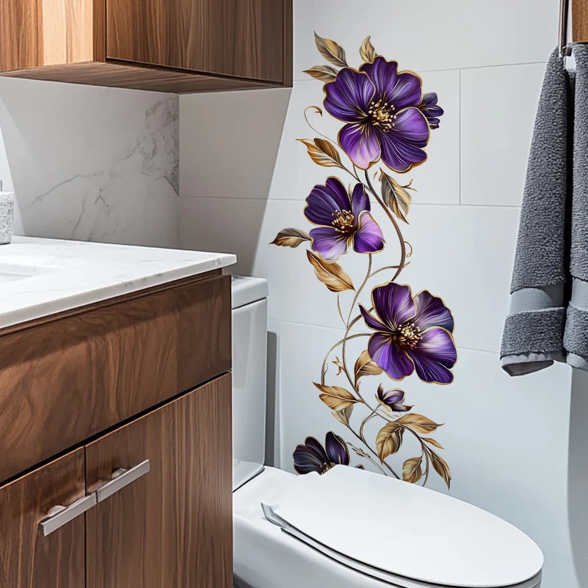 Adesivi Murali Floreali Viola, Decorazioni 3D con Contorno Dorato, Elegante Arredo Botanico per Bagno e Camera da Letto