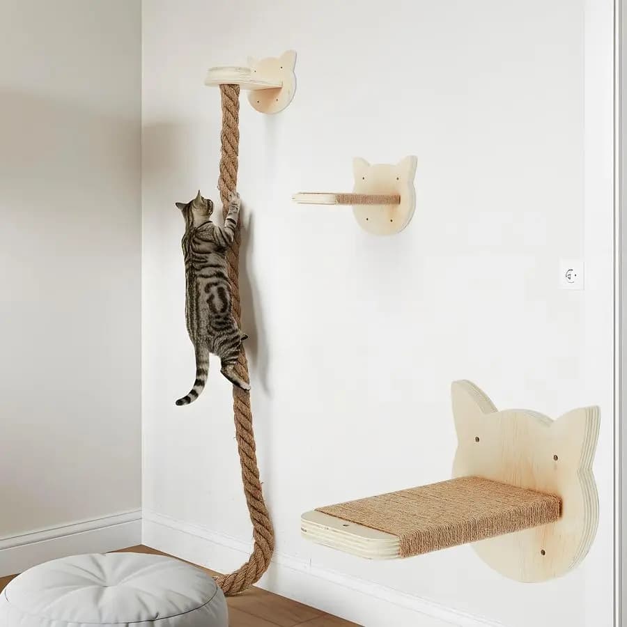 Wall Cat Tower with 2 150 cm climbing ropes, toy with scratching and rope ladder for kittens with jumping platform