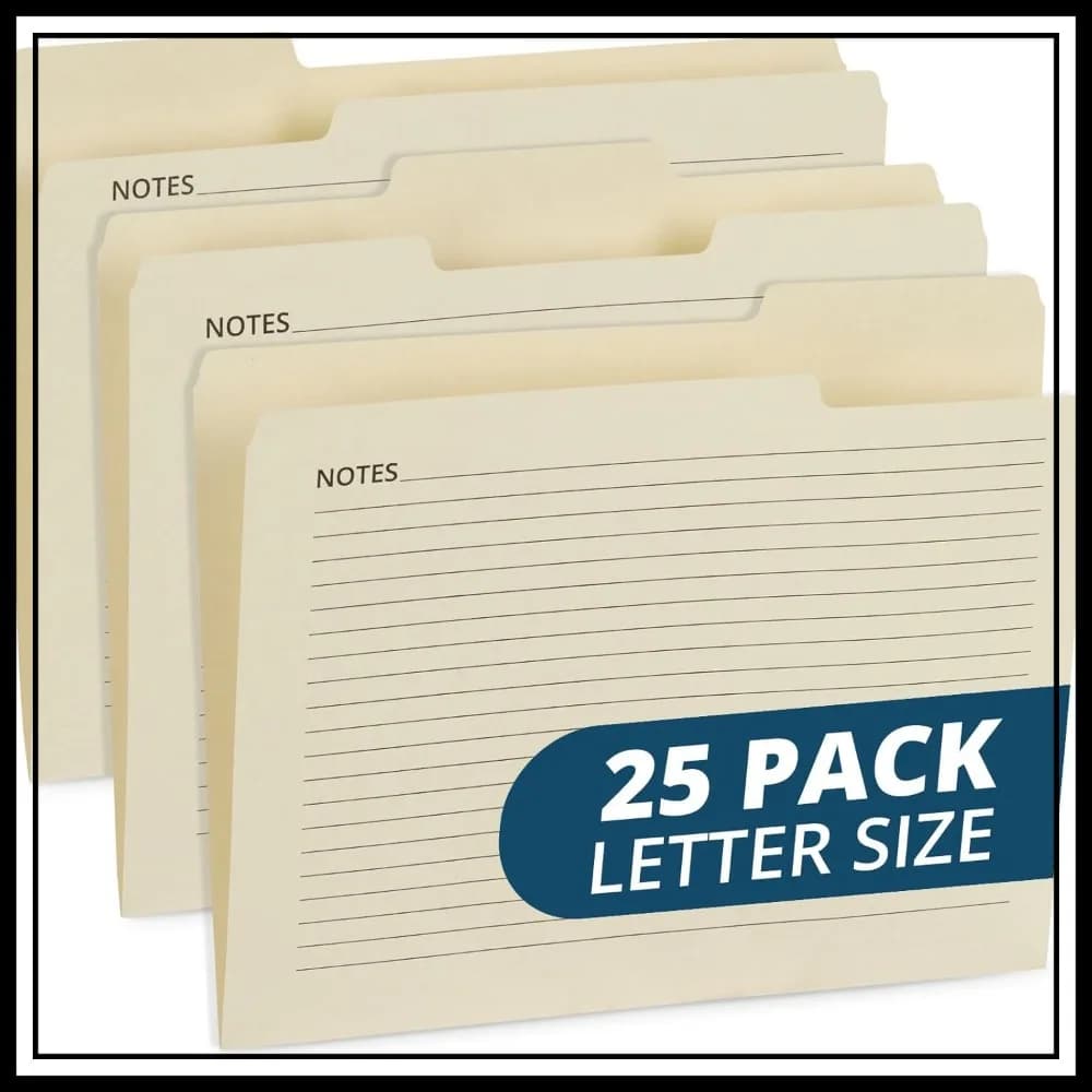 Cartelle Manila, formato Letter 8.5x11, linguetta tagliata 1/3, confezione da 25 con fogli per appunti, ideali per archiviazione e organizzazione