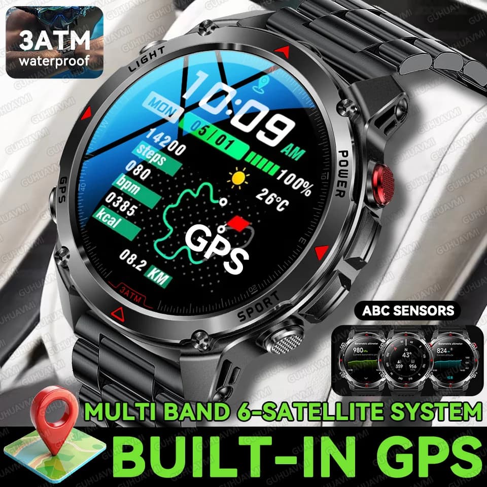 New Precision GPS Smartwatch 2026, Waterproof 3ATM, with AGPS Dual-band Integrated, Compass, Military and Sporty Functions, Bluetooth Calls, For Men