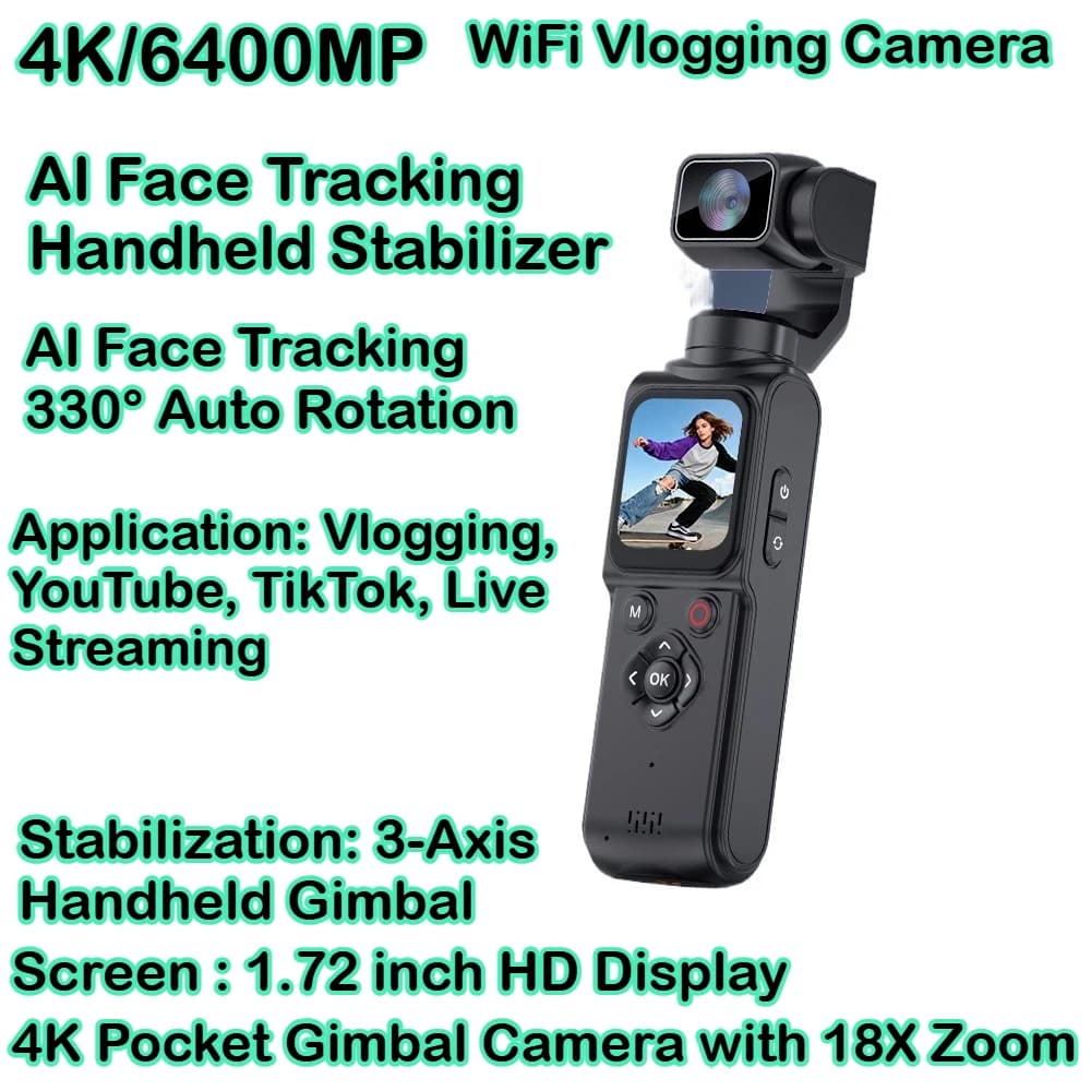 Videocamera Tascabile 4K con Gimbal, Zoom 18X, Tracciamento Facciale AI, Stabilizzatore Portatile, Batteria 2400mAh, WiFi, per Vlogging su YouTube e TikTok