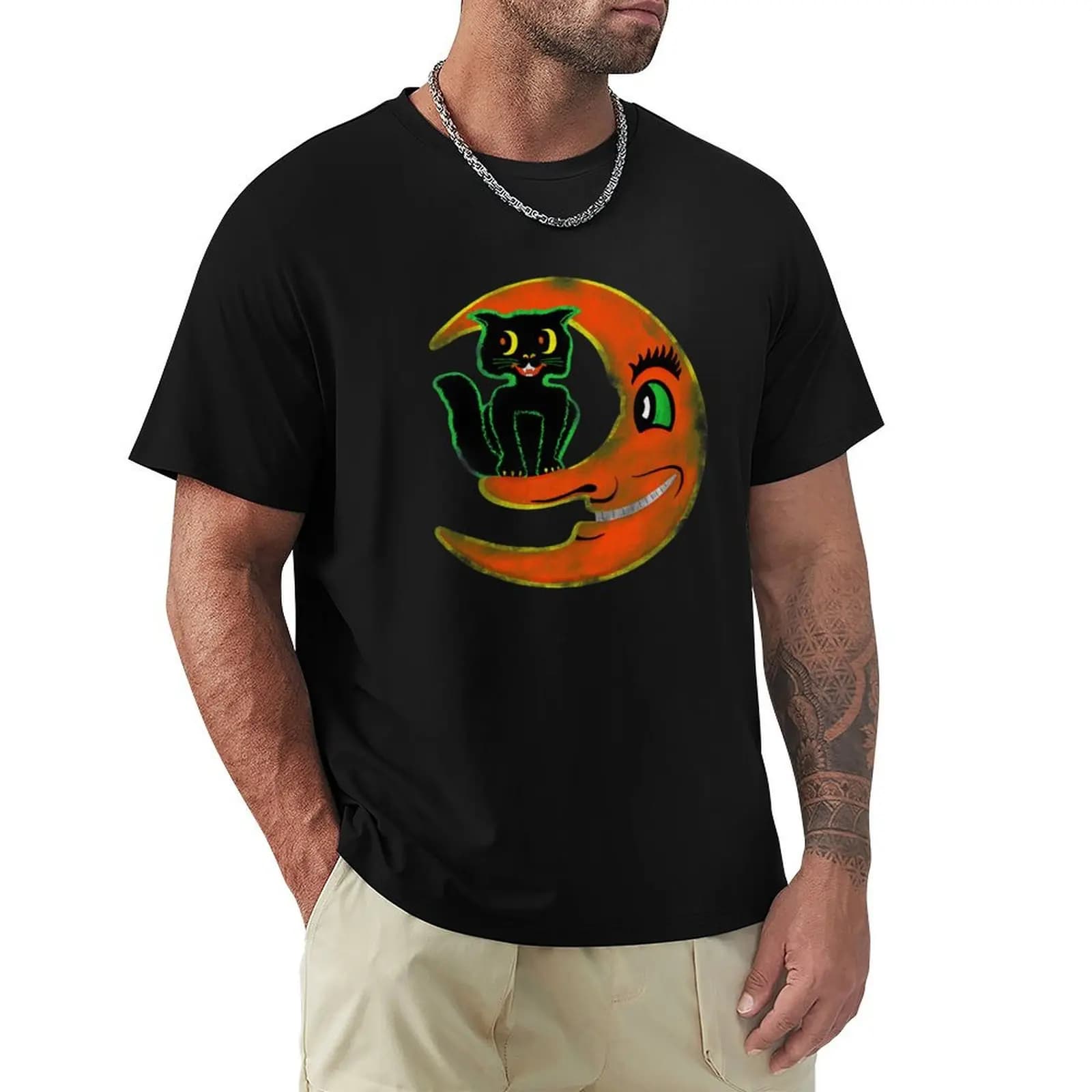 T-shirt vintage di Halloween con gatto nero e luna, t-shirt casual basic in stile street style