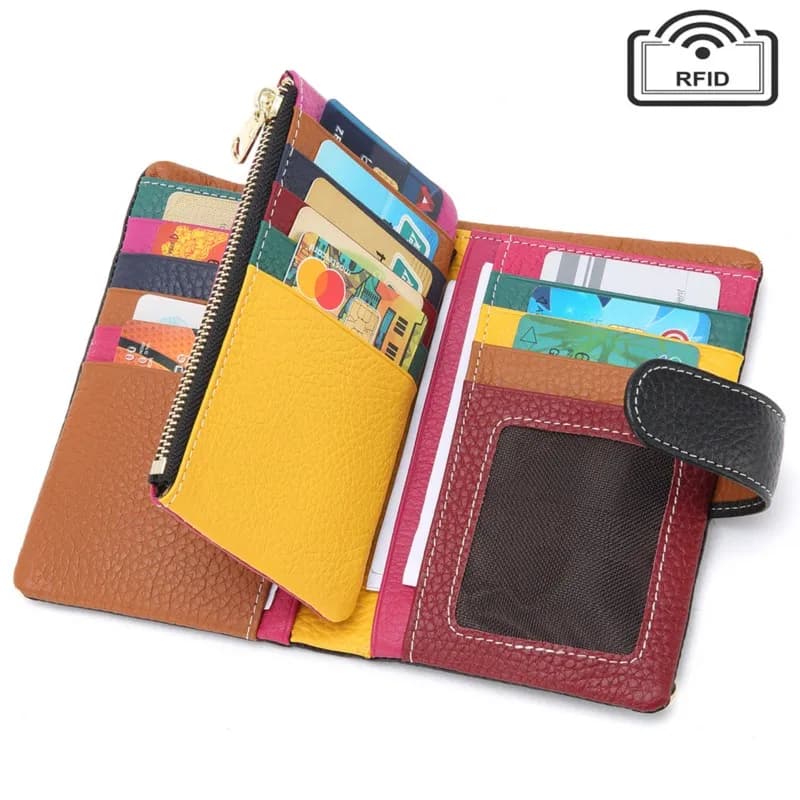 Portafoglio da donna in vera pelle di vacchetta con blocco RFID, porta carte multi-slot, fibbia con cerniera, portamonete tenuto in mano, Billetera Mujer