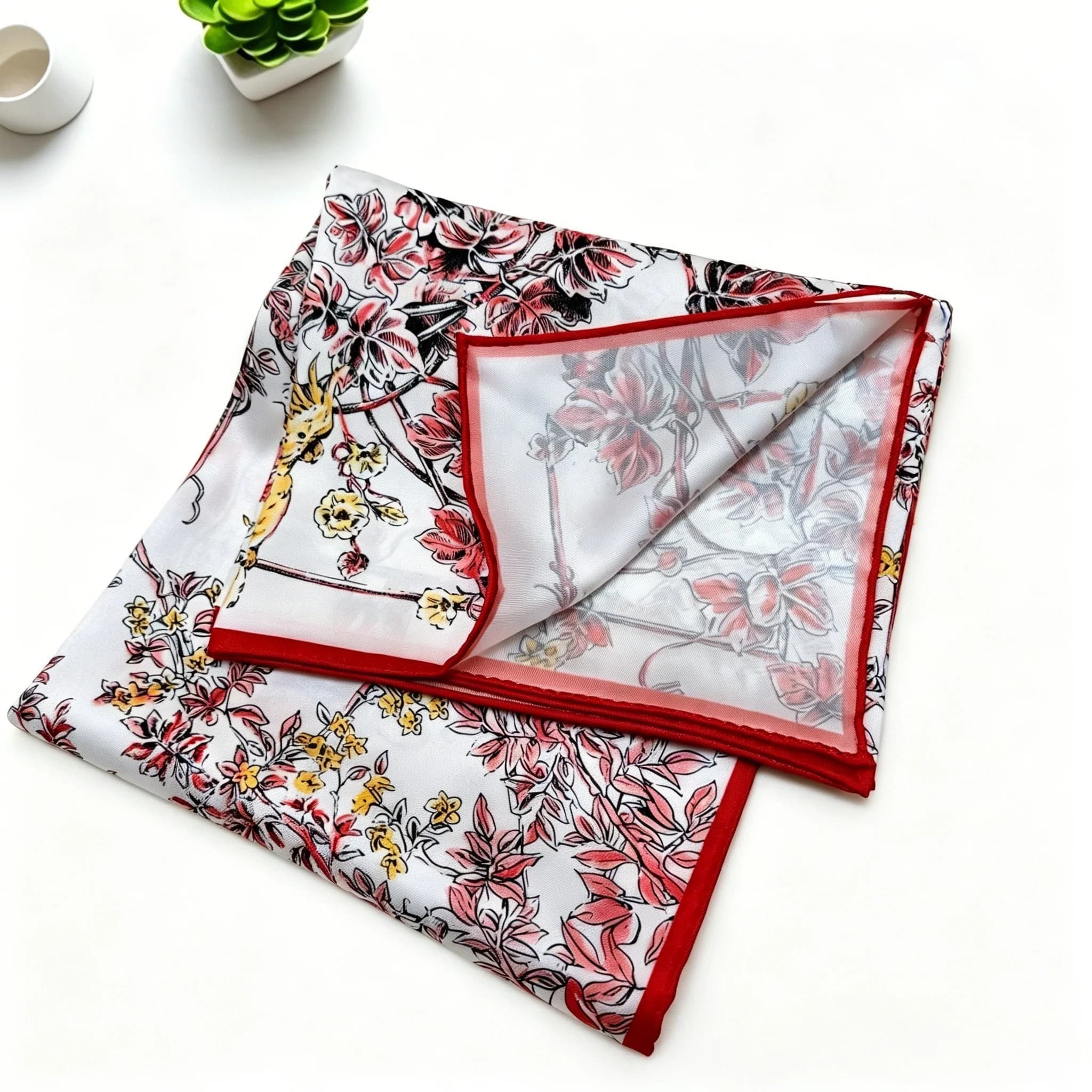 Summer Hot Selling Women's Silk Scarf Floral and Bird Themed Print Sunscreen Shawl Multifunctional Headscarf Necktie Bag Tie