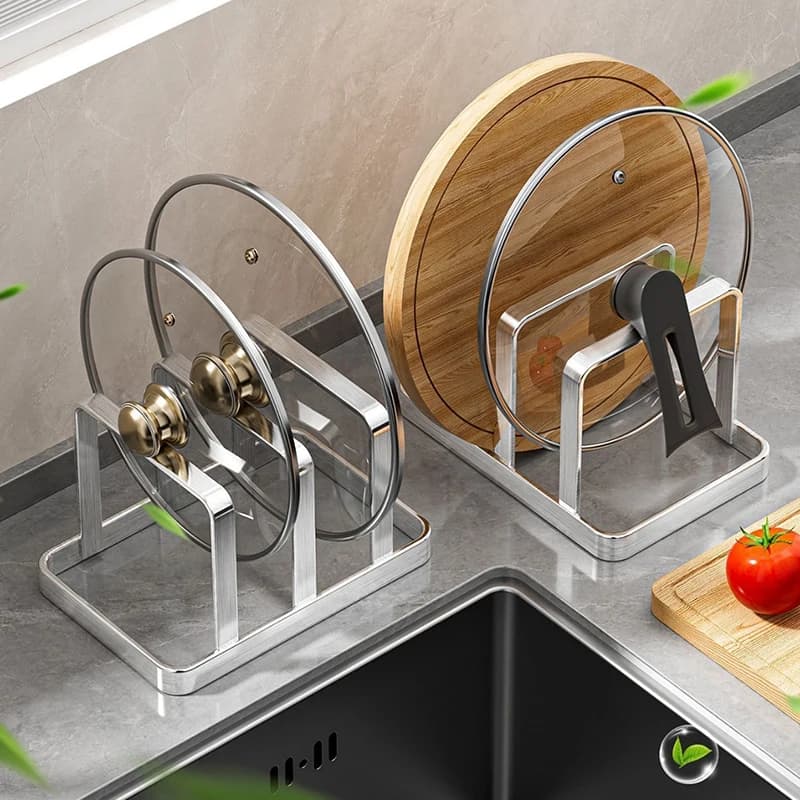 1 pezzo salvaspazio con coperchio per pentola in acciaio inossidabile e organizer per tagliere - Scaffale da appoggio per carichi pesanti, organizer da cucina
