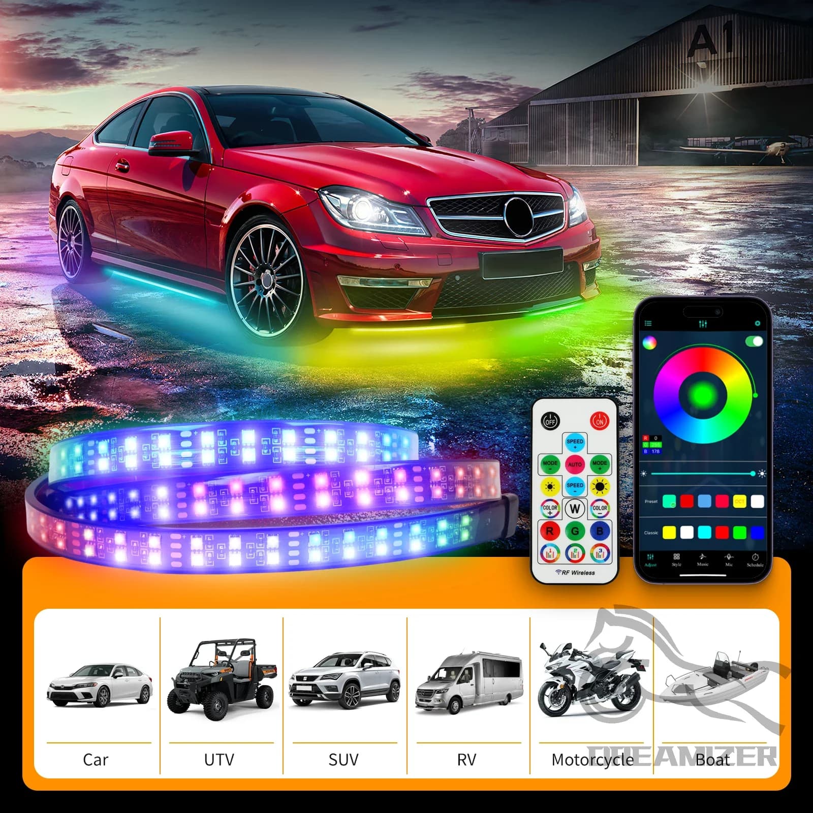 Set di 6 Strisce LED RGB 12V con Effetto Fluido, Luci Neon Sottoscocca Auto 60*150, Controllo App BT, Illuminazione Sottoscocca per Auto