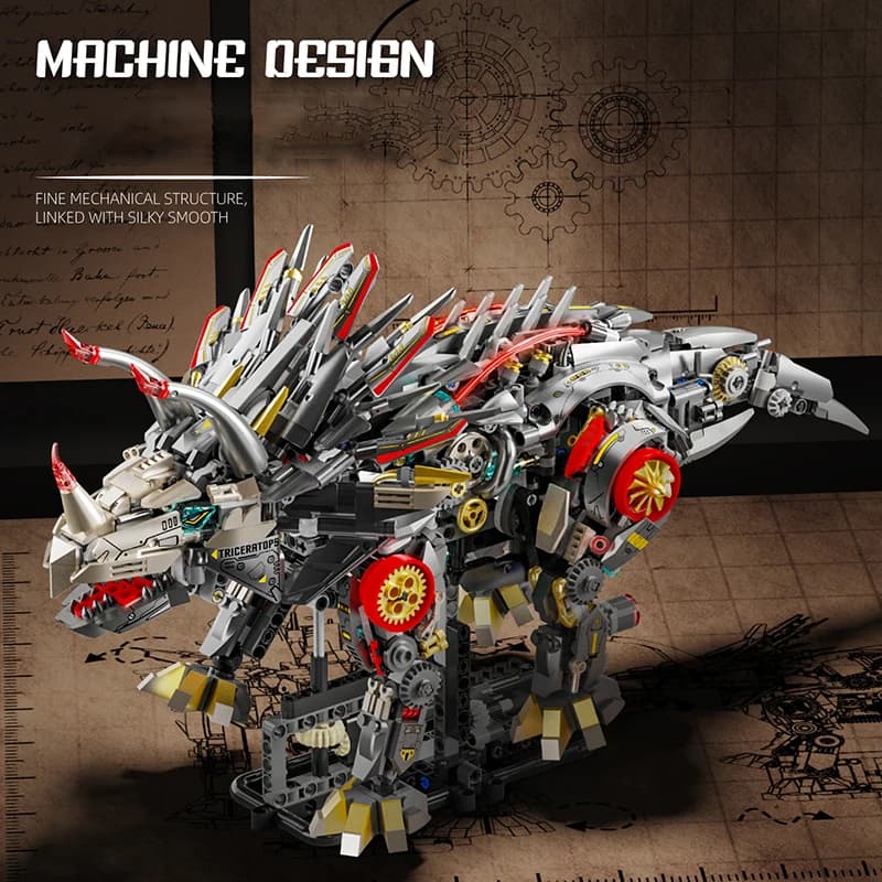 Mechanical Triceratops Building Blocks Kit Movable Robot Dinosaur Model with Lights Cool Tech Design Assembly Toy Christmas Gift