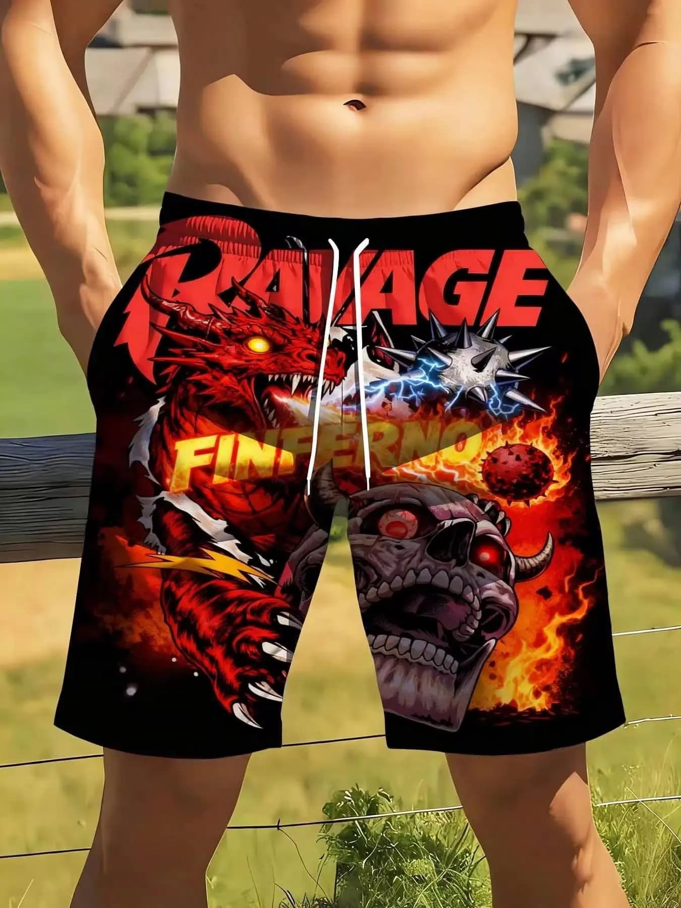 Ravage Fire Dragon And Skull Design Swim Trunks For Men Big Size Suitable For Casual And Sports Wear Ravage Fiery Dragon