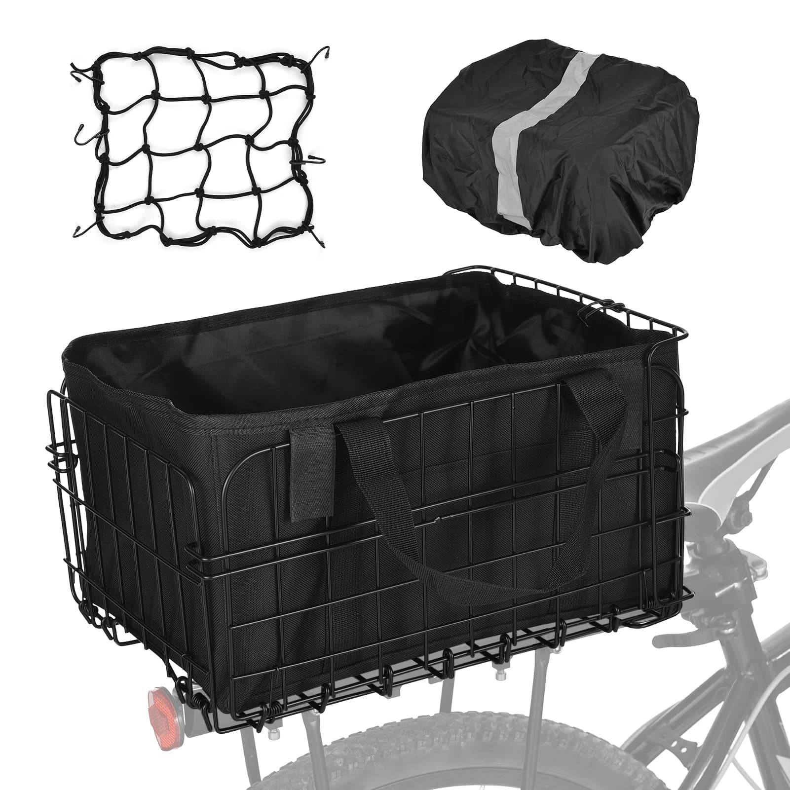 Cestino per bici posteriore pieghevole da 60 litri con fodera rimovibile Borsa a rete con copertura antipioggia in metallo a sgancio rapido per il trasporto di cani, animali domestici, generi alimentari