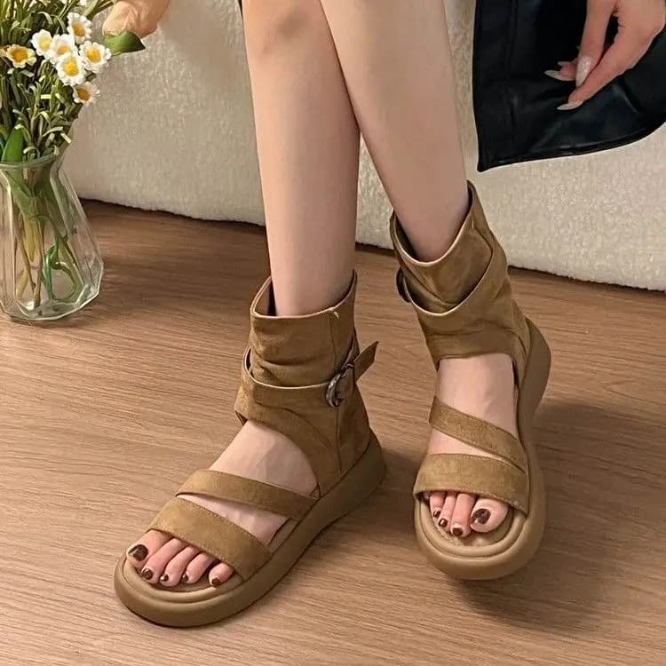 Retro Thick Bottom Casual Open Toe Roman Sandals Women's High Help Slimming Boots Summer Trendy Cuff Boots Synthetic Leather