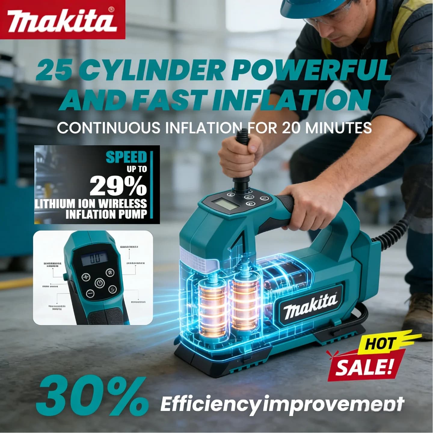 Pompa ad aria Makita 18V a batteria, senza spazzole: Gonfiatore portatile con display digitale per auto e moto