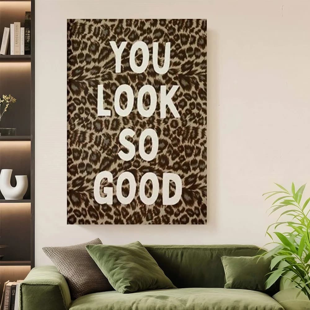 Stampa su Tela Incorniciata, Arte Murale 1 Pezzo, 'You Look So Good' con Leopardo, Quadro con Citazione Preppy, Stampe su Tela, Ghepardo P