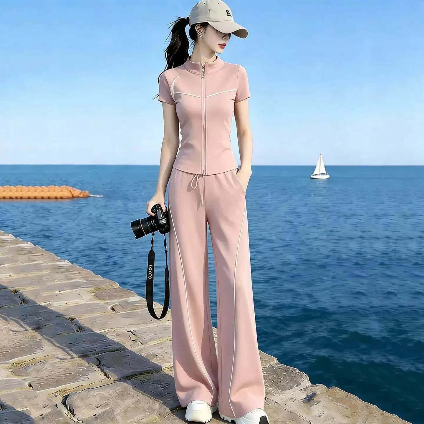 Pink Sportswear Set Women's Summer 2026 Fashionable Stylish Stand Collar Slim Fit Top Running Two Piece Set Trendy