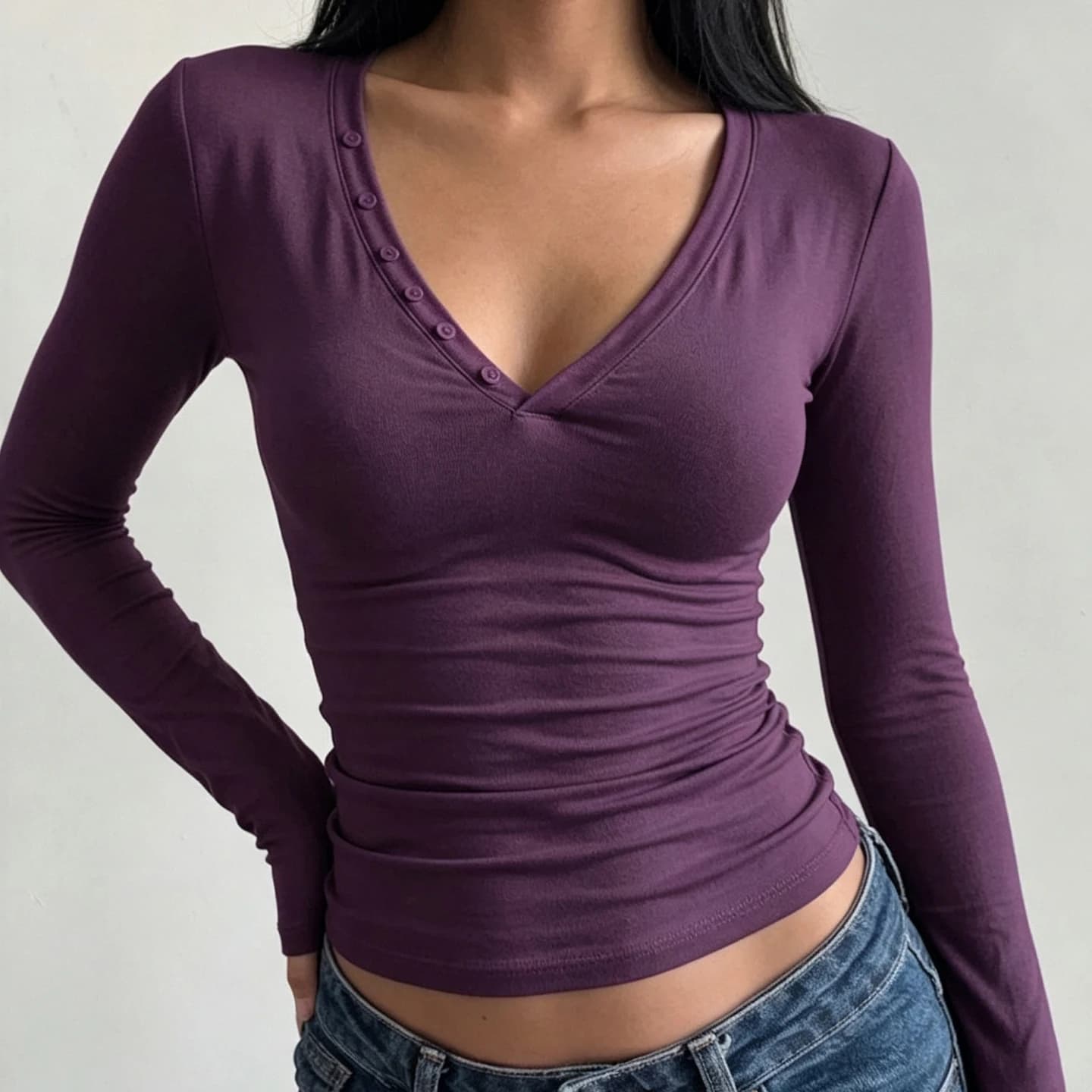 SUCHCUTE Retro Y2K Basic Women Long Sleeve T‑Shirt Deep V Neck Placket Button Decor Slim Solid Cropped Streetwear Casual Top New