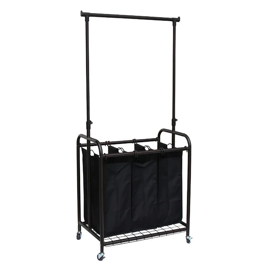 3-Bag Metal Rolling Laundry Sorter with Adjustable Hanging Bar Bronze