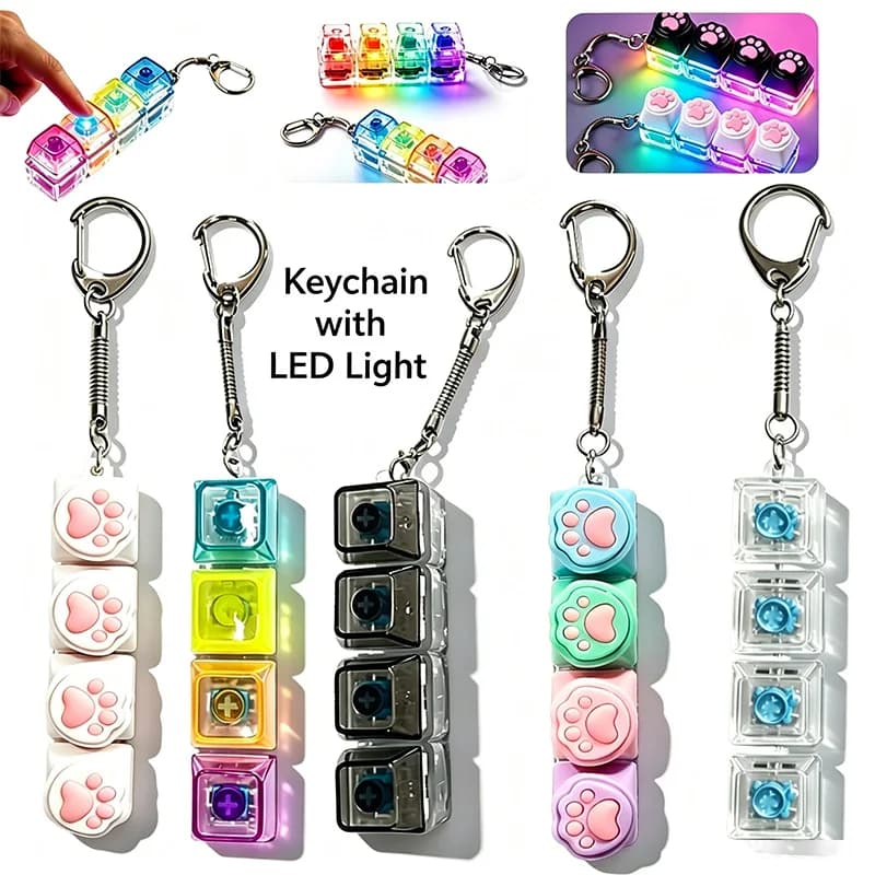 5PCS LED Keyboard Keychain Multi-Style Light Up Keycap Keychain, Stress Relief Click Fidget Toy,Portable Desk Accessory for Girl