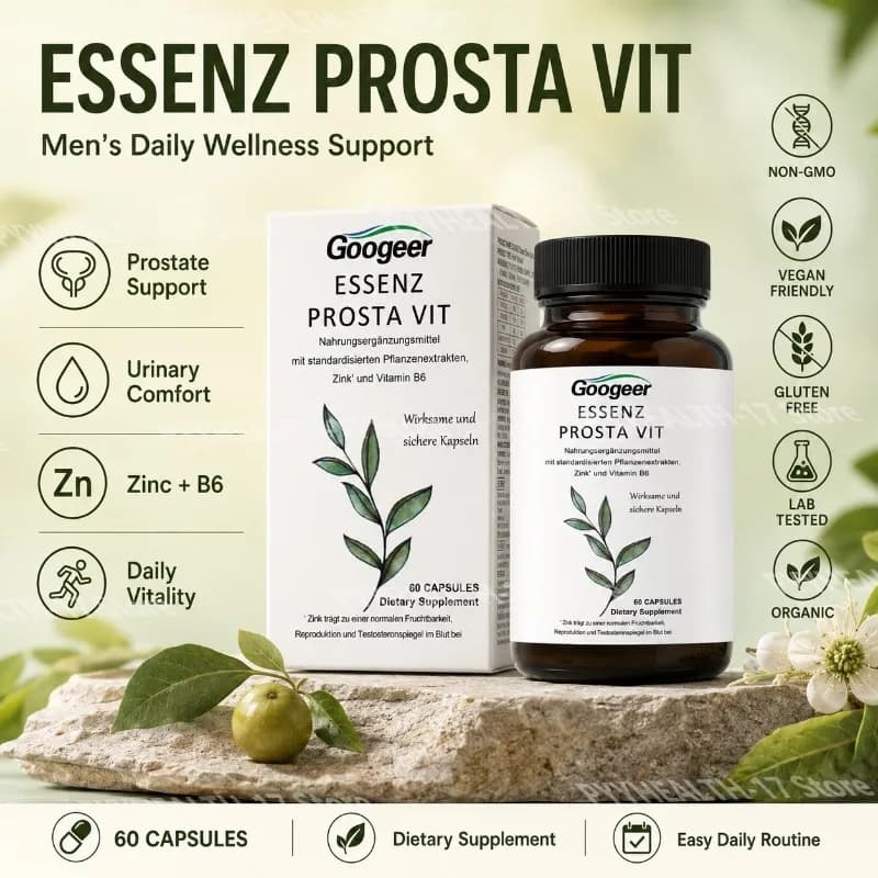 Googeer Essenz Prosta Vit Capsules Mens Wellness Supplement Zinc Vitamin B6 Standardized Plant Extract for Adult Men 60 Capsules