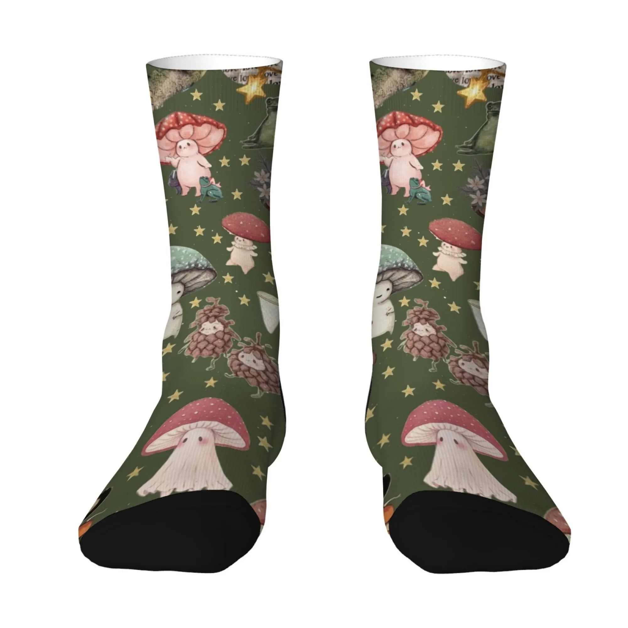 Calzini da uomo con stampa a tema fiabesco, comodi, traspiranti, casual, unisex, creativi, con motivo a fungo, ideali come regalo.