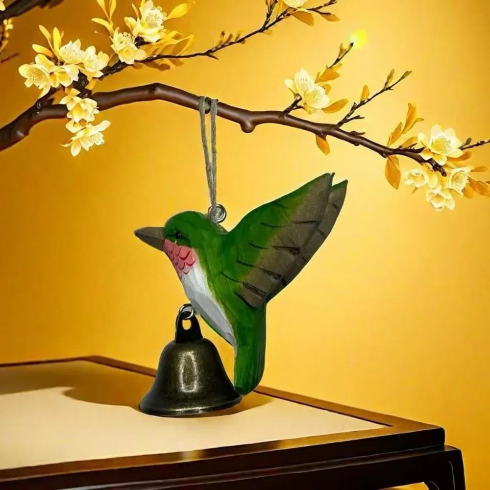 Hand-Carved Hummingbird Figurine Wooden with Bell Flying Bird Sculpture with Soothing Sound Wood Grain Wind Chime Pendant