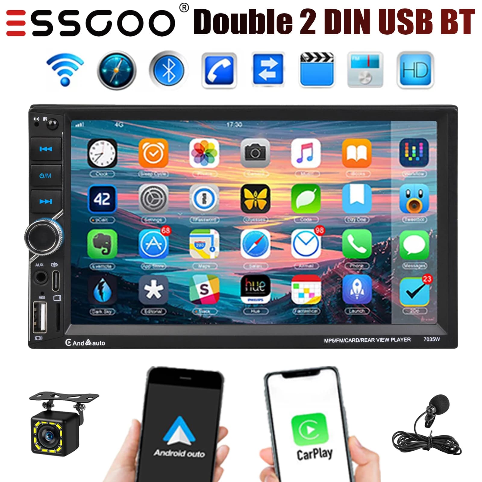 ESSGOO 7 "Doppio 2 Din Autoradio Radio Apple CarPlay e Android Auto Touch Screen USB/TF Mirrorlink SWC BT FM/RDS DSP + MIC e fotocamera