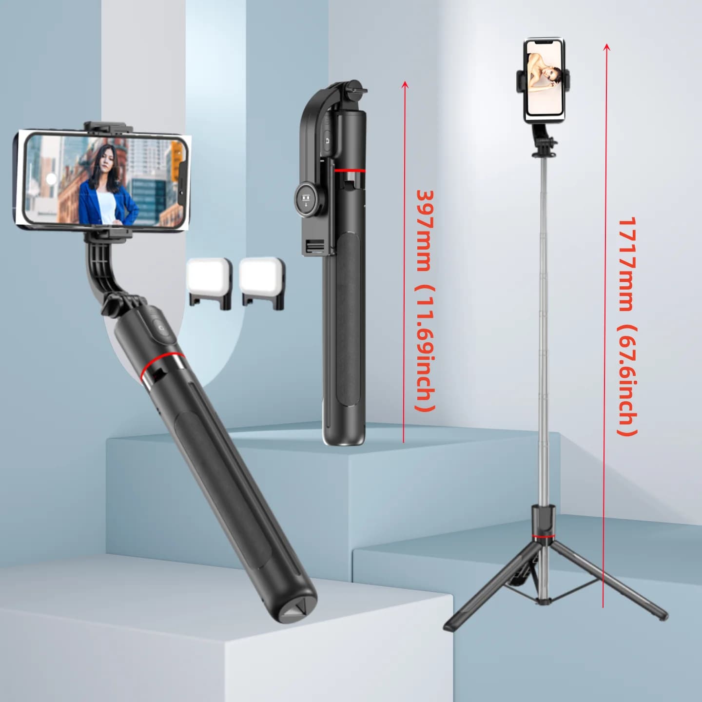 Stabilizzatore cardanico Selfie Stick Treppiede Gimbal Rotazione a 360 gradi Segui modalità di scatto con luce per iPhone Xiaomi Telefono Andriod