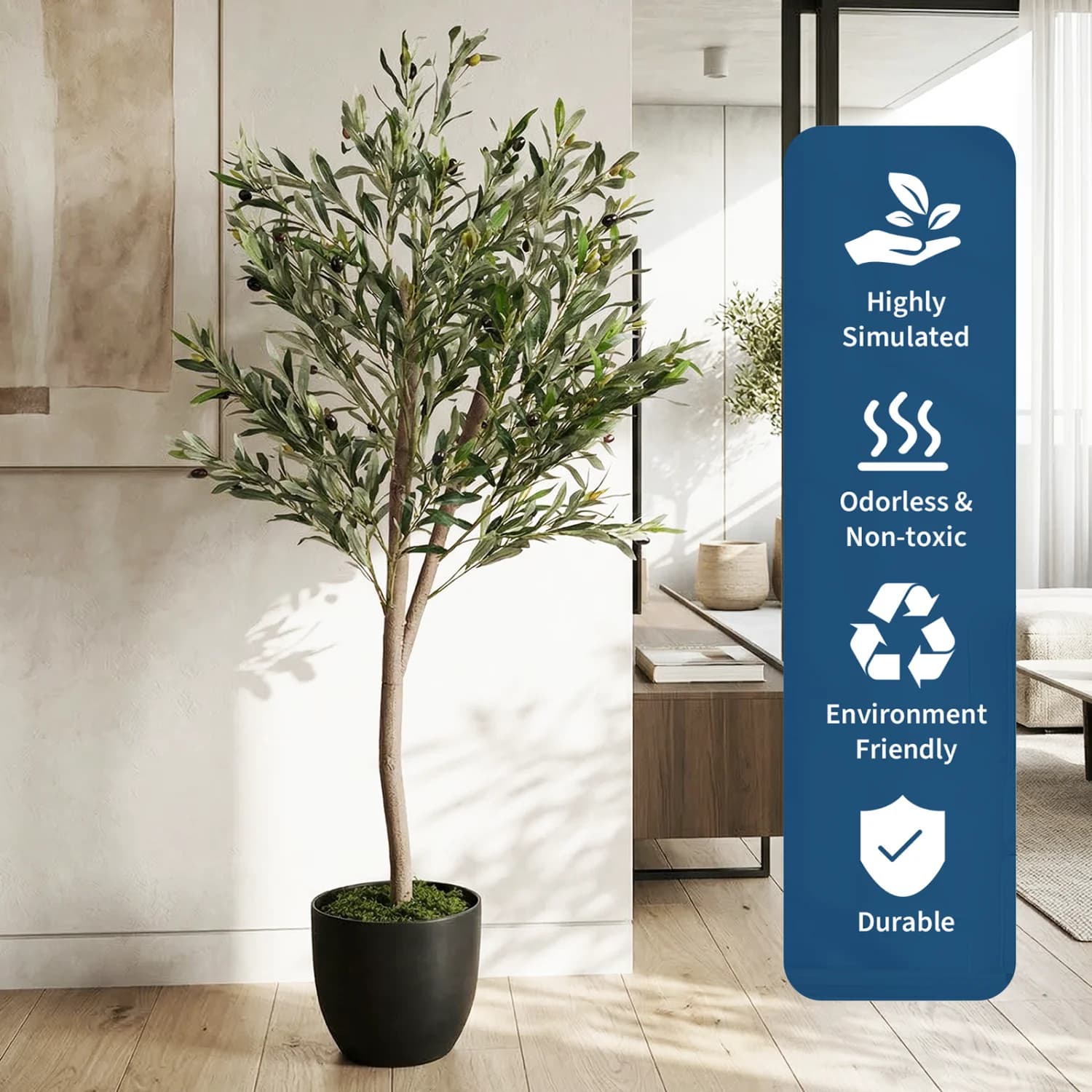 Albero di Ulivo Artificiale 5FT, Ulivi Finti da Interno con Tronco in Legno Naturale e Frutti Realistici, Piante Finte Alte con Vaso per Arredamento Casa, Ufficio, Soggiorno