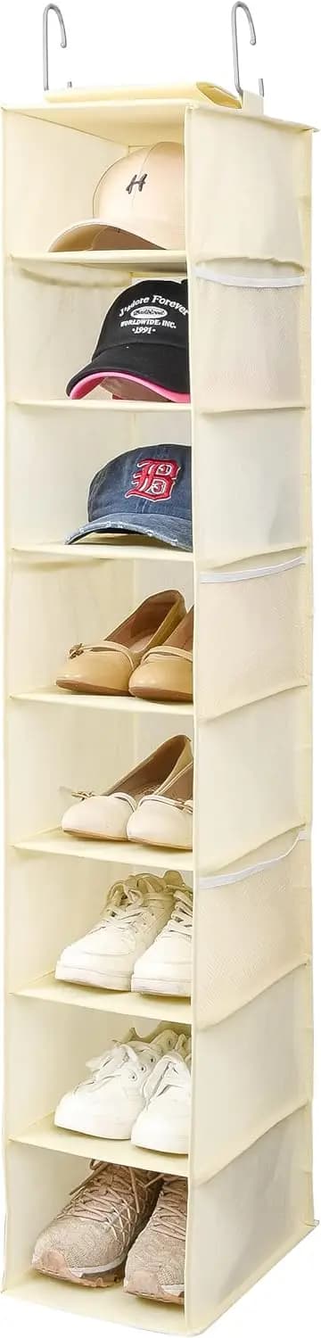 Hanging Shoe Organizer for Closet with Side Mesh Pockets，Hat Racks for Baseball Caps，Shoe and Hat Holder & Storage，8-Shelf，Beige，1 Pack