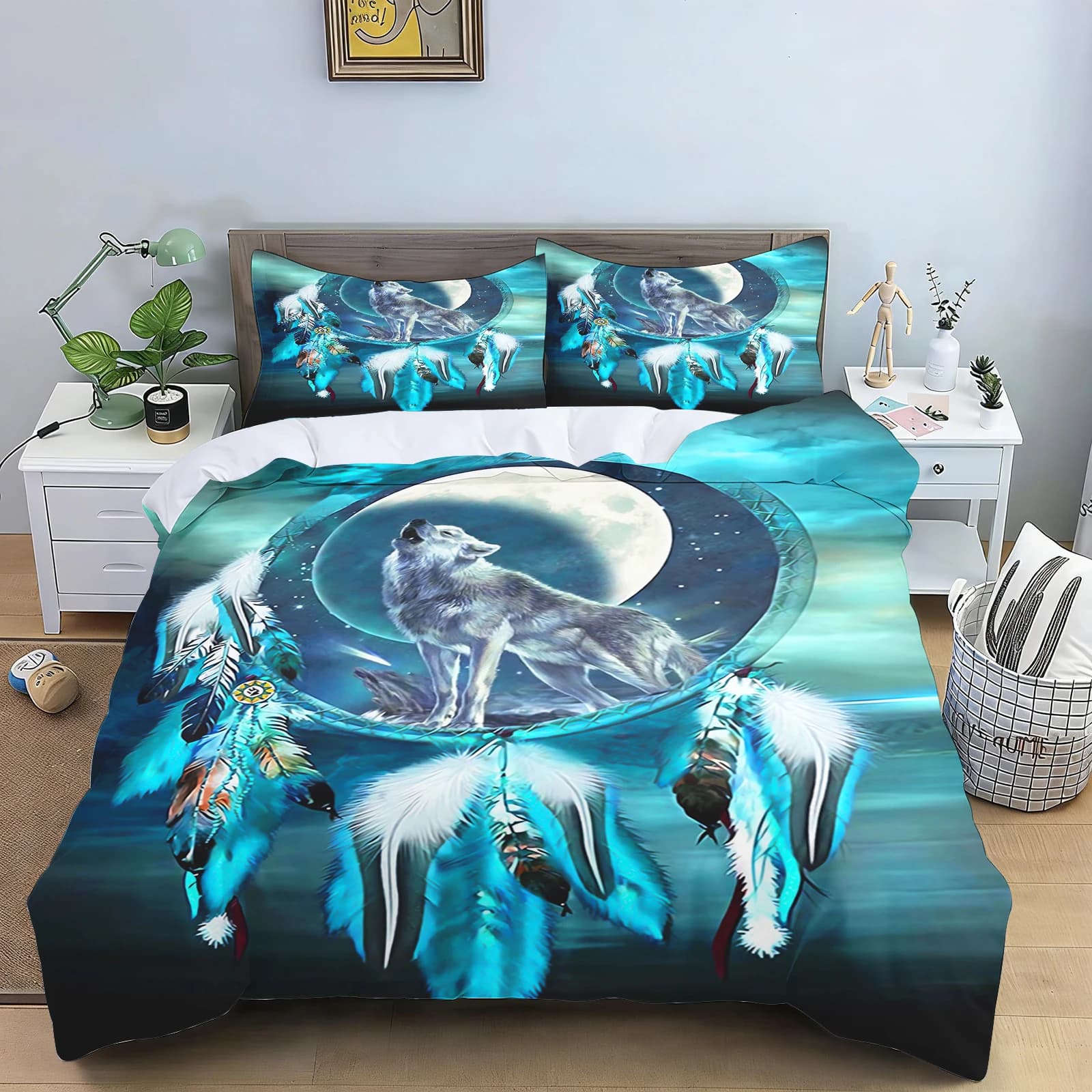 Wolf Bedding Set Duvet Cover Galaxy Dreamcatcher Print Couple Wolves Duvet Cover for Men Boys
