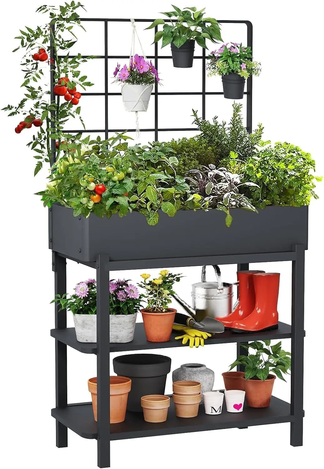Two-tier bed, raised flower with legs - Includes 3 flower pots, for outdoors