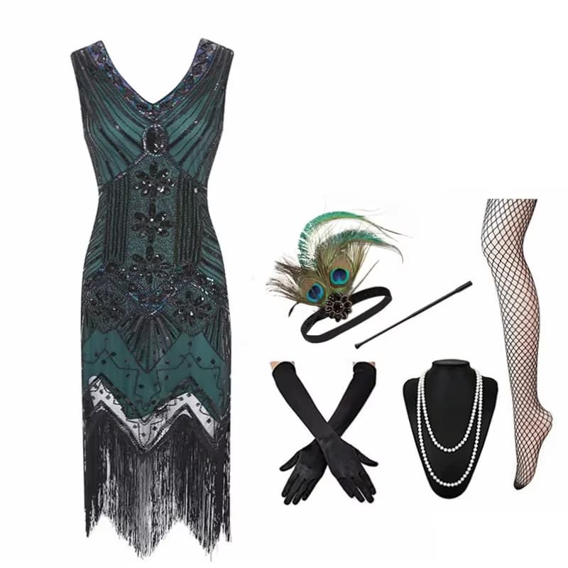 New Gatsby of the 1920s Charleston Paillettes Beads Frange Flapper Embroidery Dress V Neckline Party dress with accessories