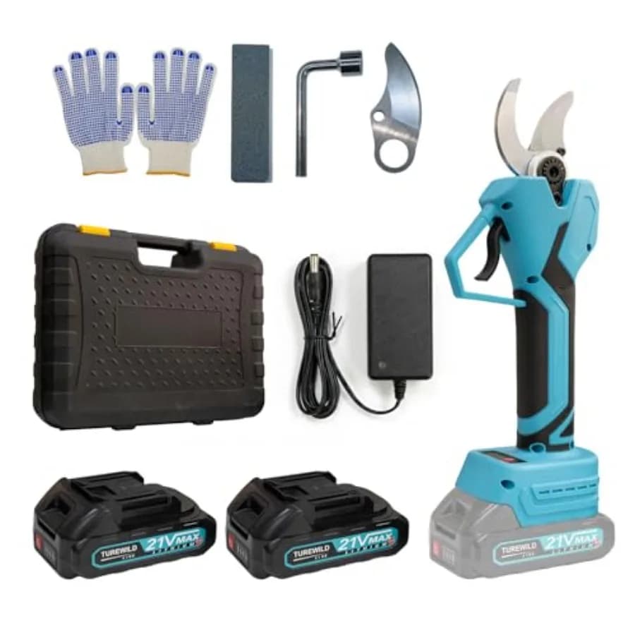 Forbici da potatura elettriche 21V Max senza fili per giardinaggio, corpo in plastica ABS blu, include 2 batterie, caricabatterie, custodia per il trasporto, guanti