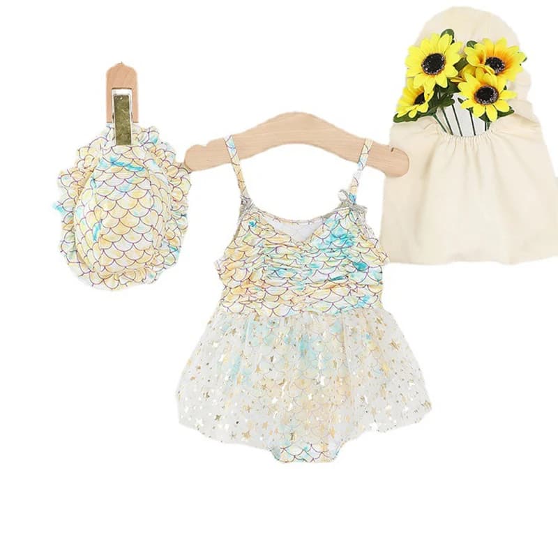 2025 Estate Neonate Costume intero 1-12 anni Bambini Sirene gialle e blu Costumi da bagno + Cuffia da nuoto Vestito a due pezzi