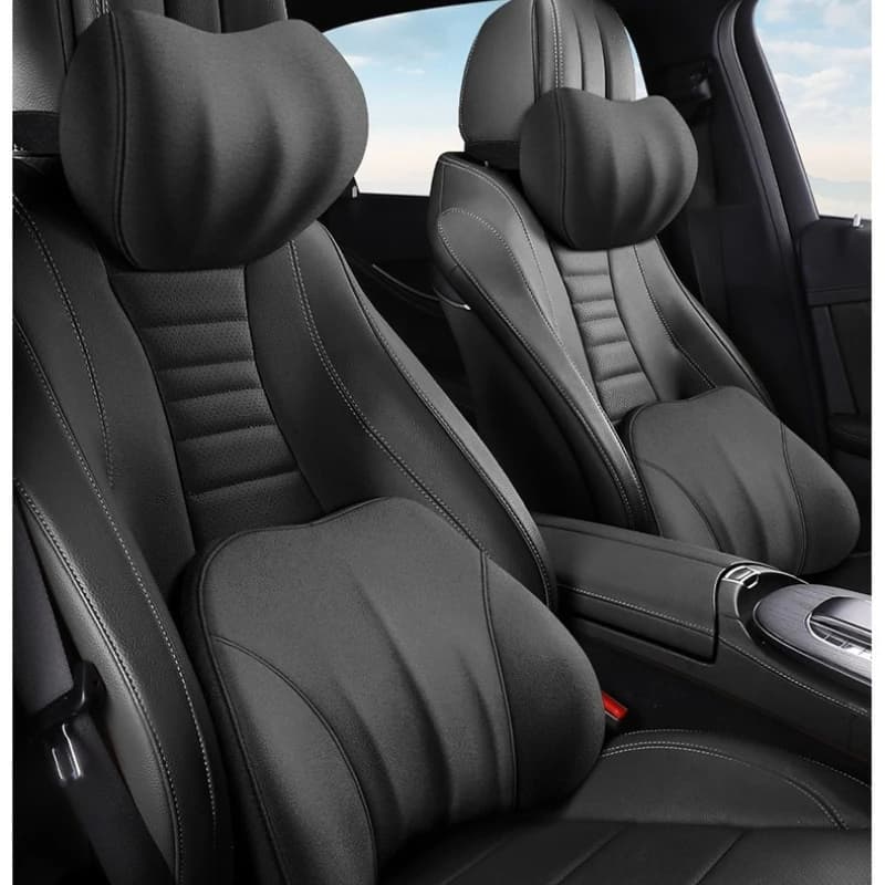 Set di Cuscini per Auto in Pelle: Supporto Lombare Ergonomico in Memory Foam Traspirante e Poggiatesta Morbido per il Comfort durante Lunghi Viaggi