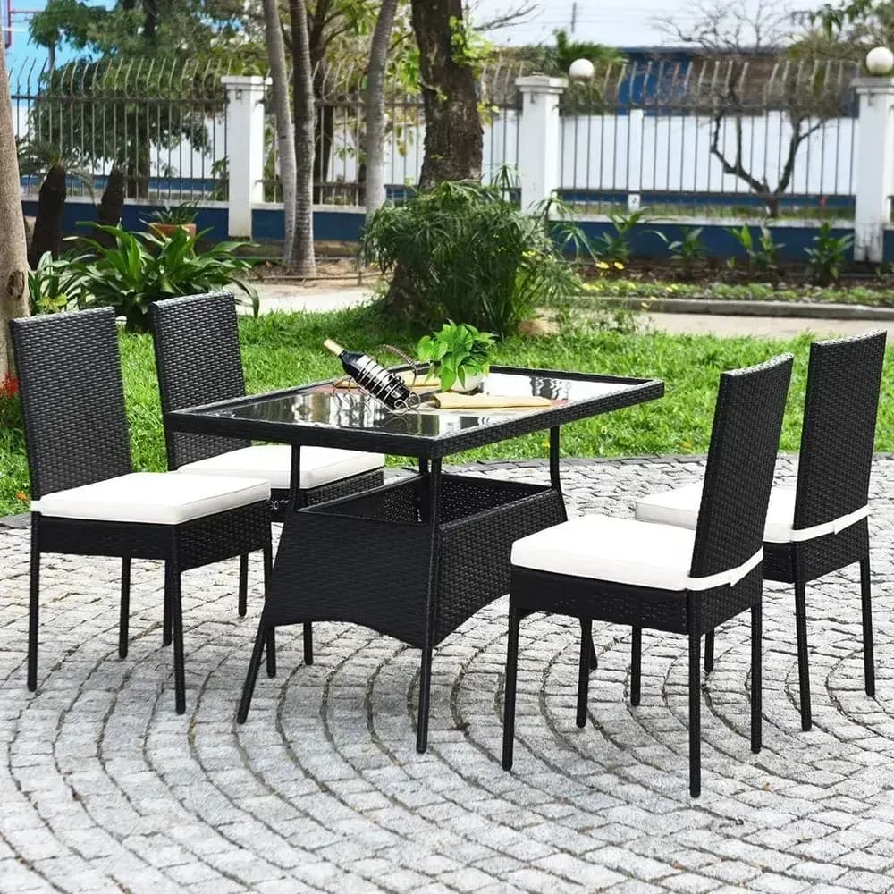 5-Piece Outdoor Wicker Dining Set with Tempered Glass and Cushioned Chairs (Black)