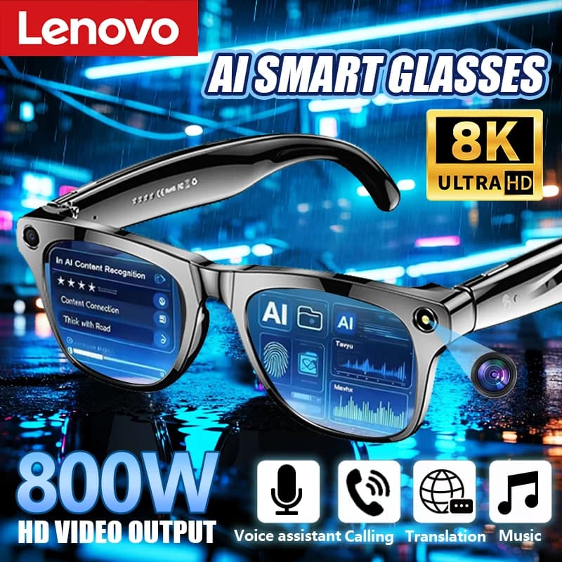 Occhiali Intelligenti Lenovo 8K HD AI con Fotocamera Multifunzione da 800w Pixel, Chiamate Bluetooth, Assistente Vocale, Lettore Musicale e Traduzione Intelligente
