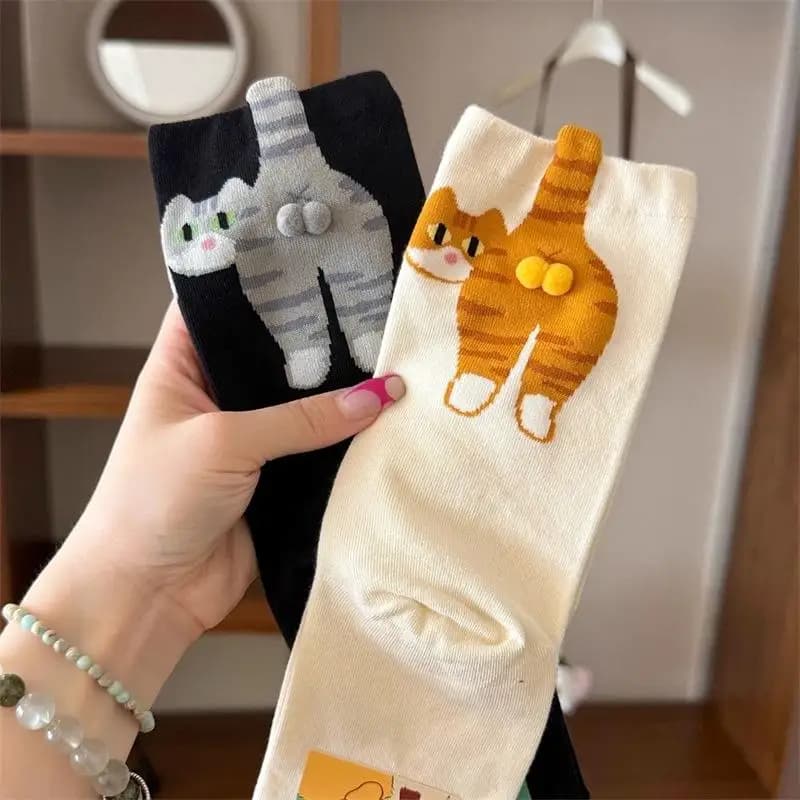 1 paio di calzini a tubo medio ispirati alla coreana da donna, adorabile stampa di gatti con palline 3D giocose, ideali per i buscanti di stile alla moda