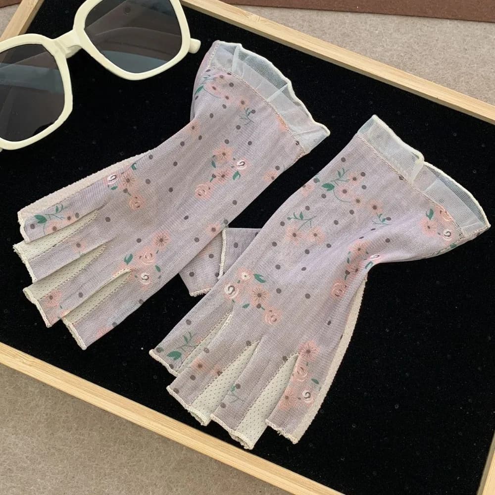 Silicone Anti Slip Half-Finger Gloves Lace Mesh Thin Touchscreen Mittens Sunscreen Accessories Floral Printed Driving Gloves
