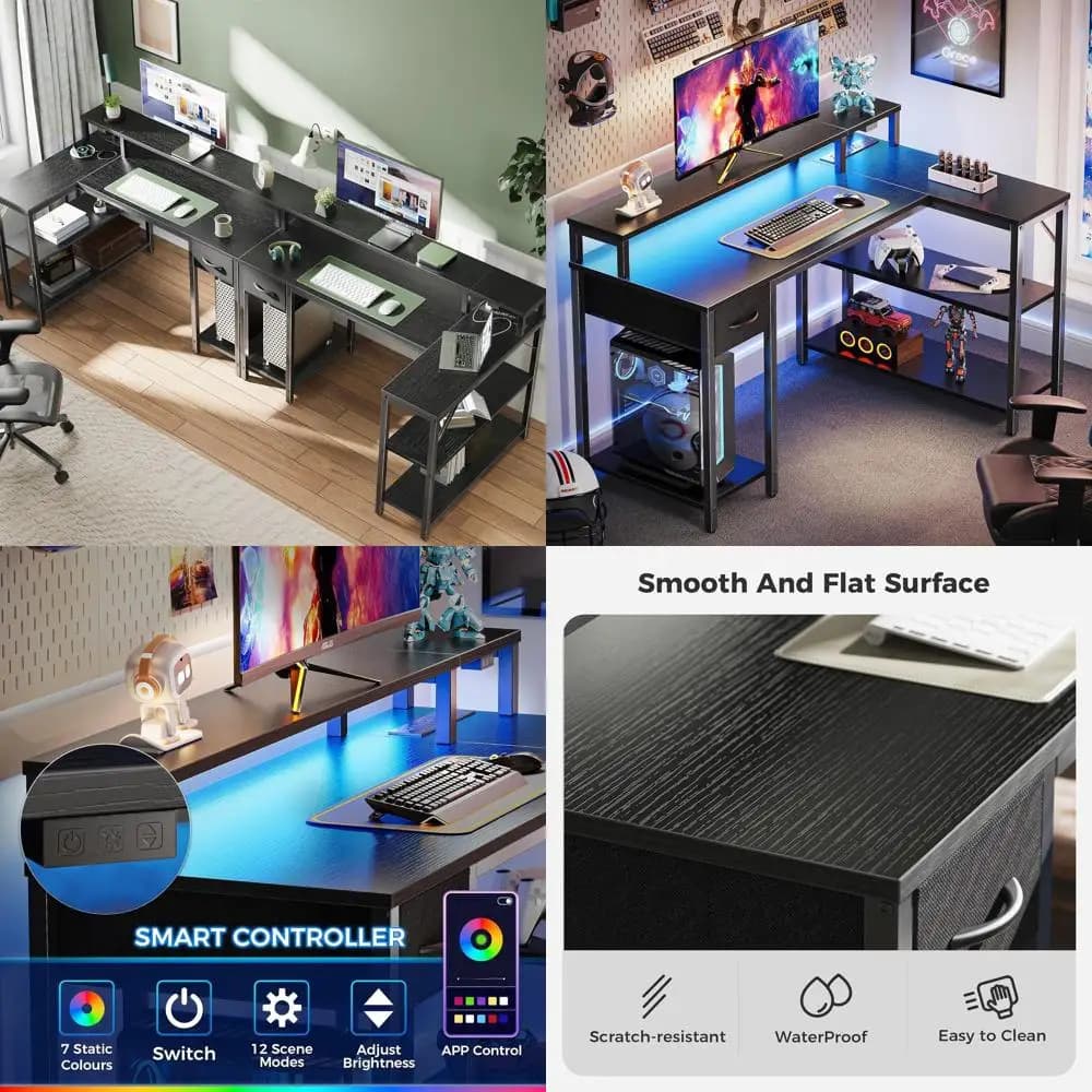 L-shaped gaming desk from 47 LED illuminated with power sockets, reversible corner desk with storage shelves and monitor support, black, ideal