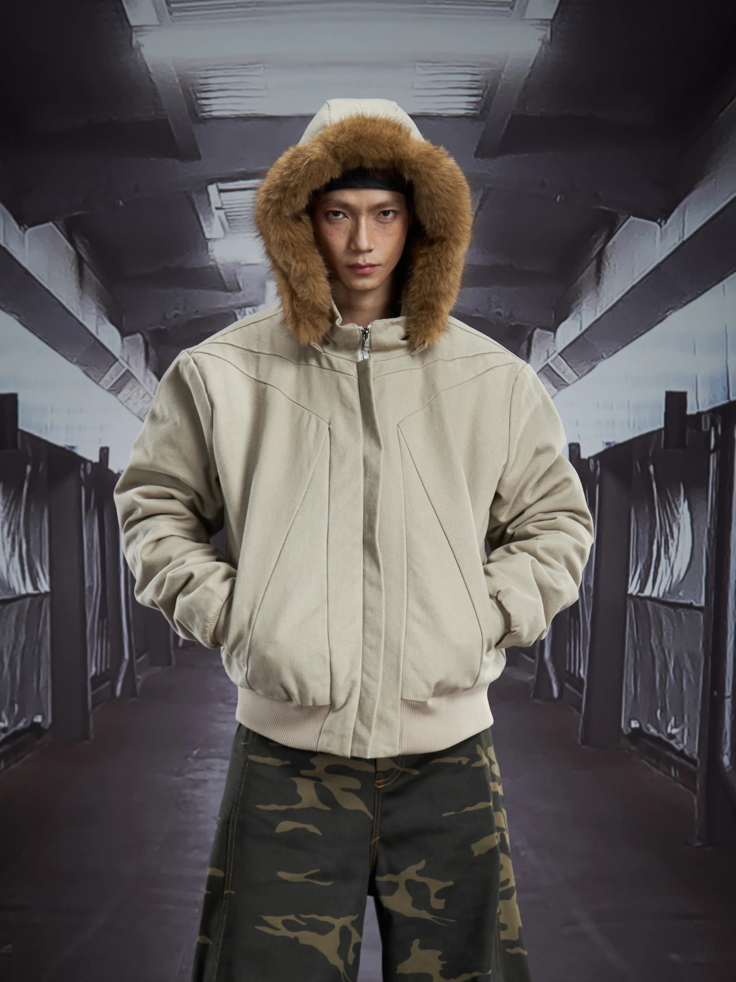 Detachable Fur Hat Stand Collar Deconstructed Stitching Line Loose-Fitting Short Coat Jacket