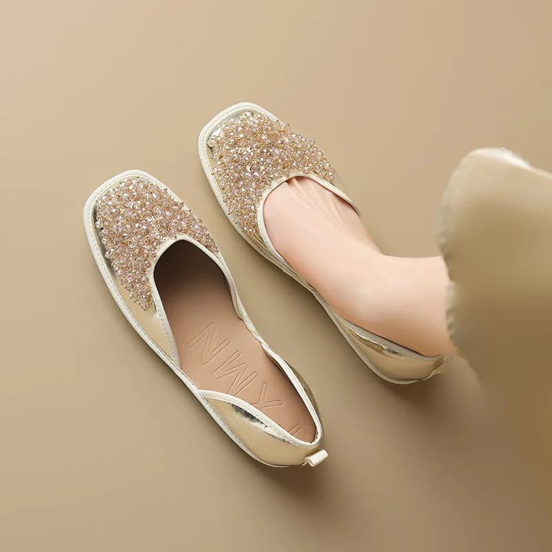 Scarpe da sposa da donna Scarpe da sposa con punta quadrata Ballets Abito da festa da donna Mocassini da esterno poco profondi Scarpe da donna decorative con paillettes