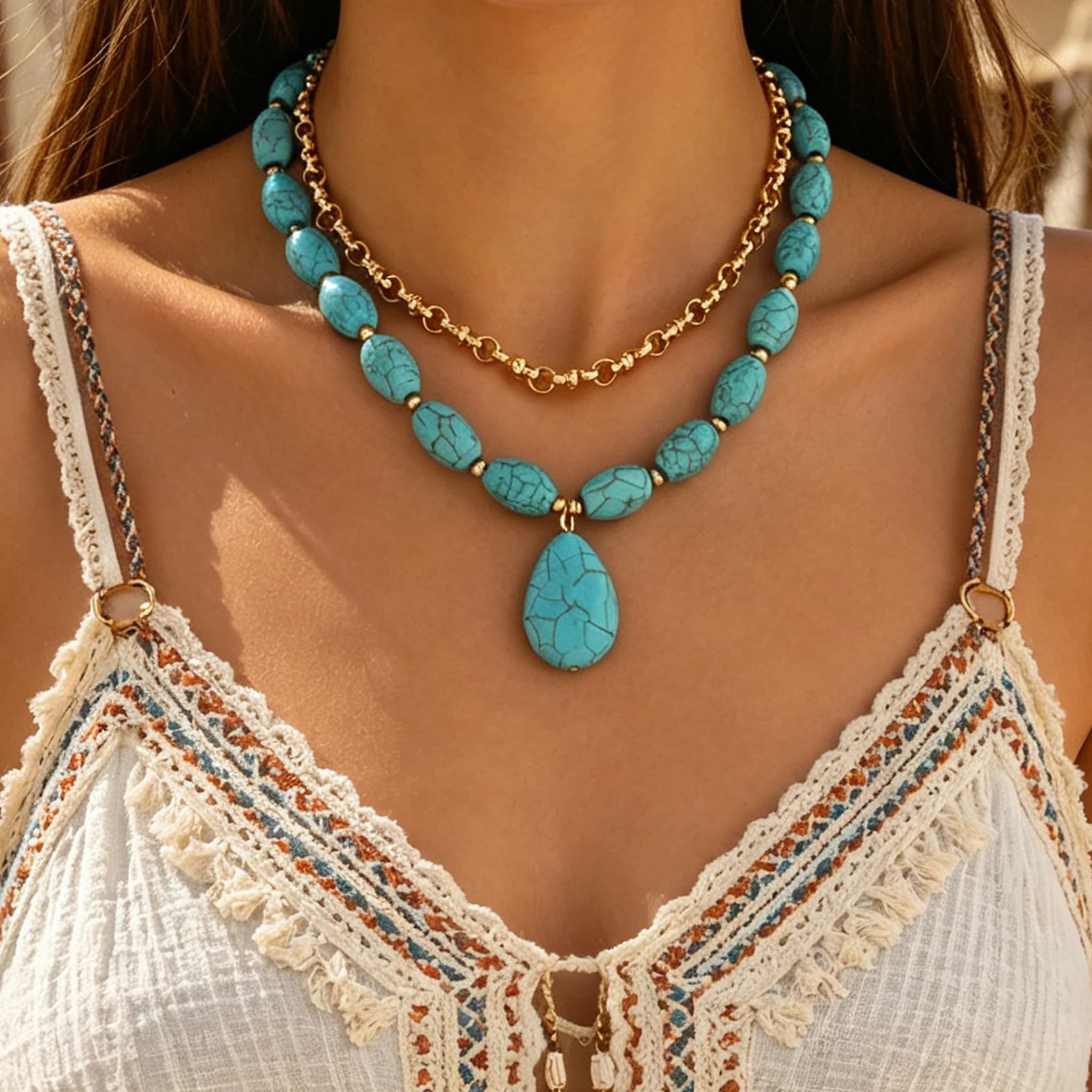 2PCS Layered Turquoise Beaded Choker Necklace Oval Pendant Gold Tone Boho Western Summer Beach Jewelry