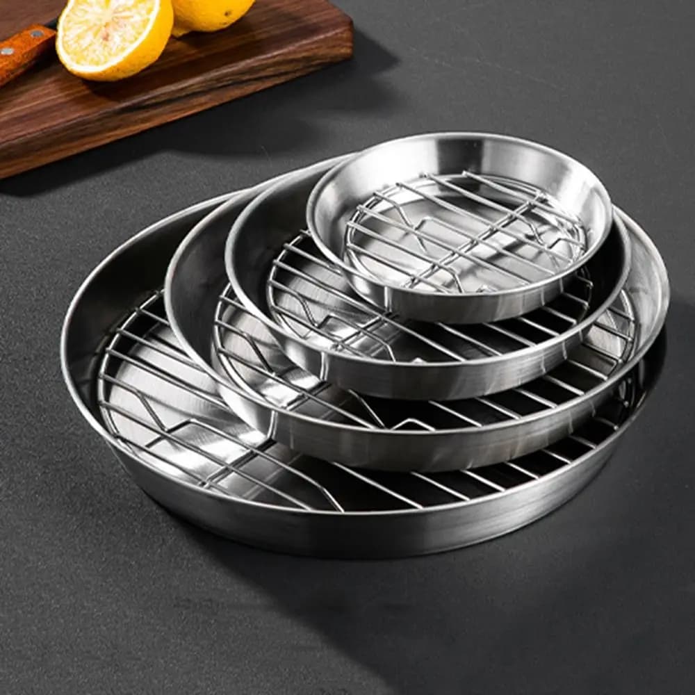 304 Stainless Steel Air Fryer Baking Tray Elevated Mesh Non-stick Air Fry Basket Food-Grade 2-Piece Set Circular Drain Pan