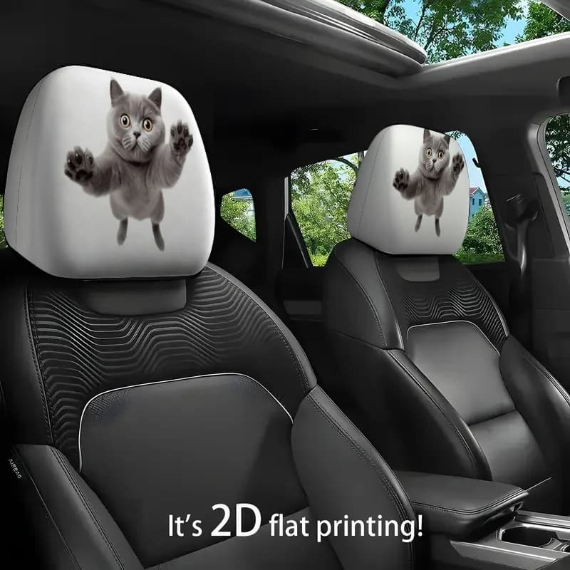Copri Poggiatesta Auto 2D con Stampa Gatto Grigio Piatto che si Agita | Divertenti e pratici, adatti a tutte le stagioni, applicabili universalmente, P
