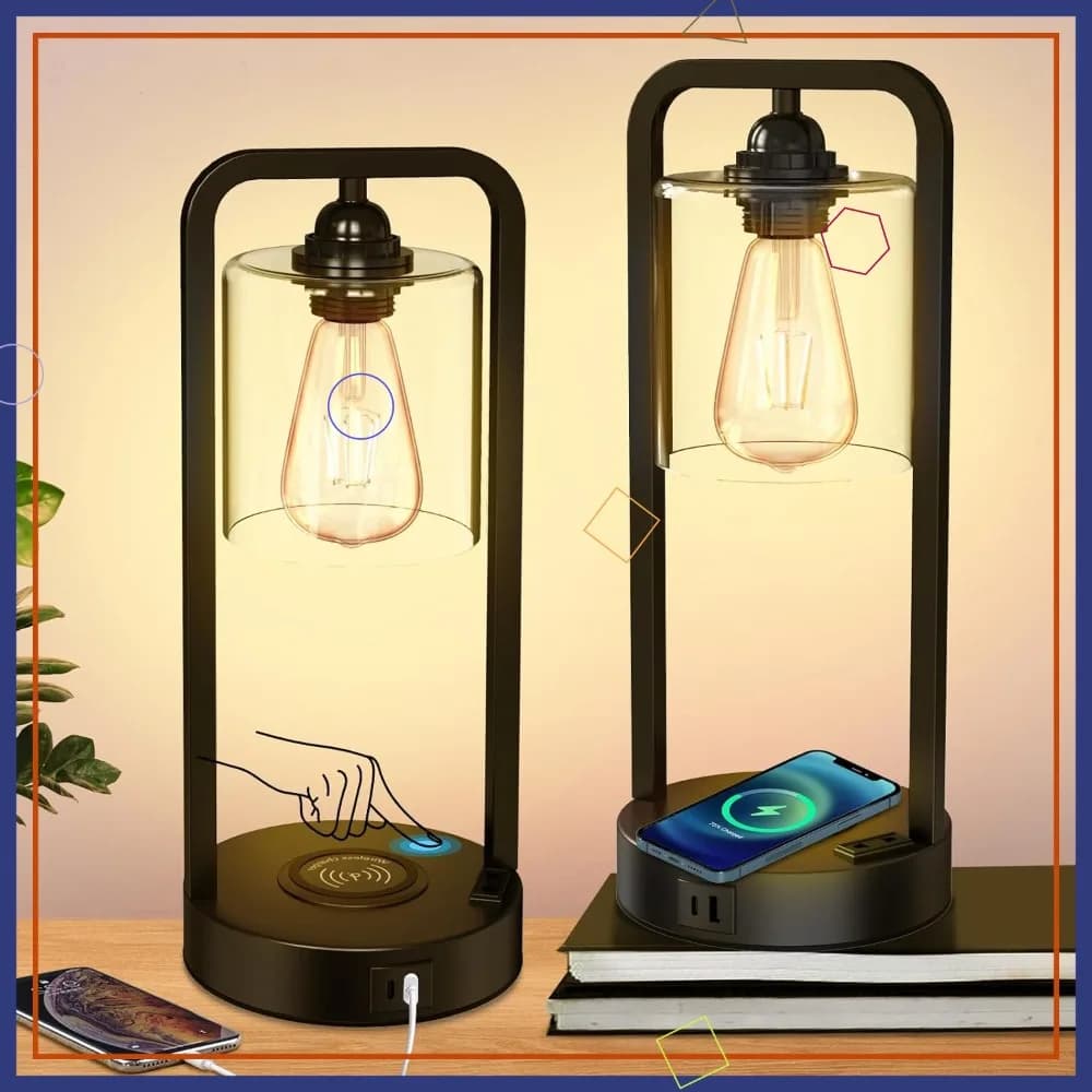 Set of 2 Table lamps with Wireless Charging, Dimmable to Touch with USB-C port and AC socket, Industrial Desk Lamp with Glass lampshade