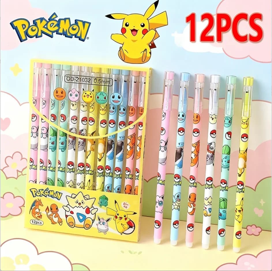 Set di 12 Penne Gel Retrattili Cancellabili a Tema Pikachu, Articoli di Cancelleria per Studenti, Regalo per Bambini