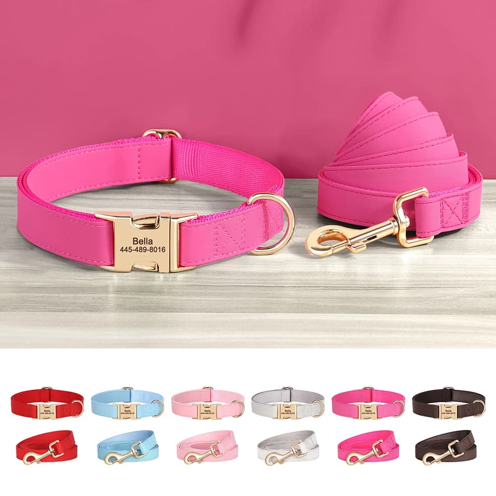 Set Collare e Guinzaglio Personalizzato per Cani in Pelle PU, Collare con Targhetta Identificativa Incisa e Corda Resistente per Cani Piccoli, Medi e Grandi