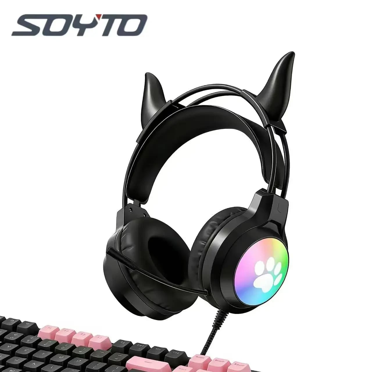 SOYTO Cuffie Gaming Cablate RGB con Orecchie Anime 2D Staccabili, Cancellazione del Rumore e Bassi Profondi per Laptop e PC Desktop