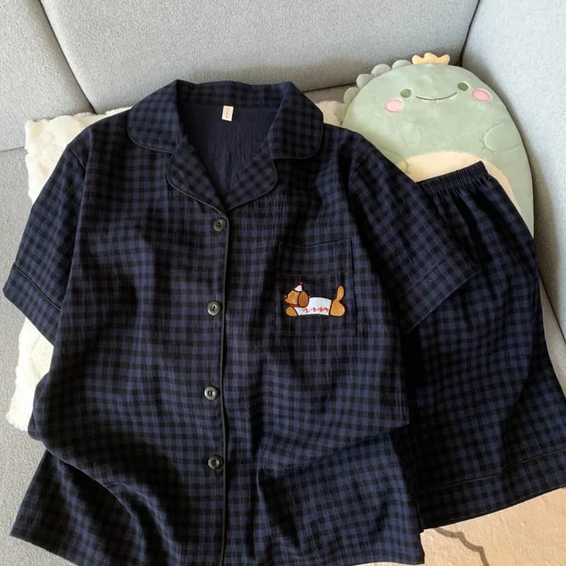 Embroidery Dog Sleepwear Fashion Cute Pajamas Set for Women Plaid Lapel Elastic Waist Design Pajamas Short Casual Nightwear